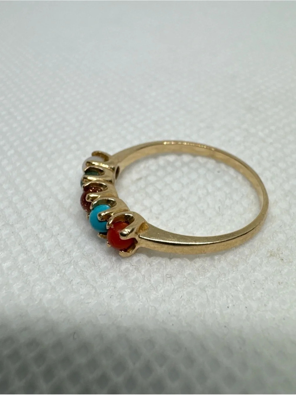 VTG BEAUTIFUL 10K YELLOW GOLD MULTI STONE TURQUOISE PEARL JADE RING SIZE 5.75
